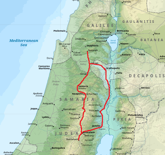 Possible routes taken by Mary and Joseph as they traveled from Nazareth to Bethlehem